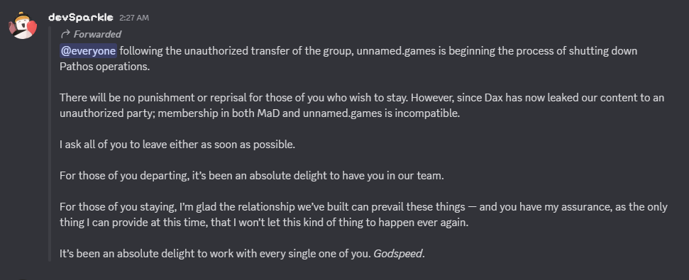 devSparkle's forwarded shutdown message