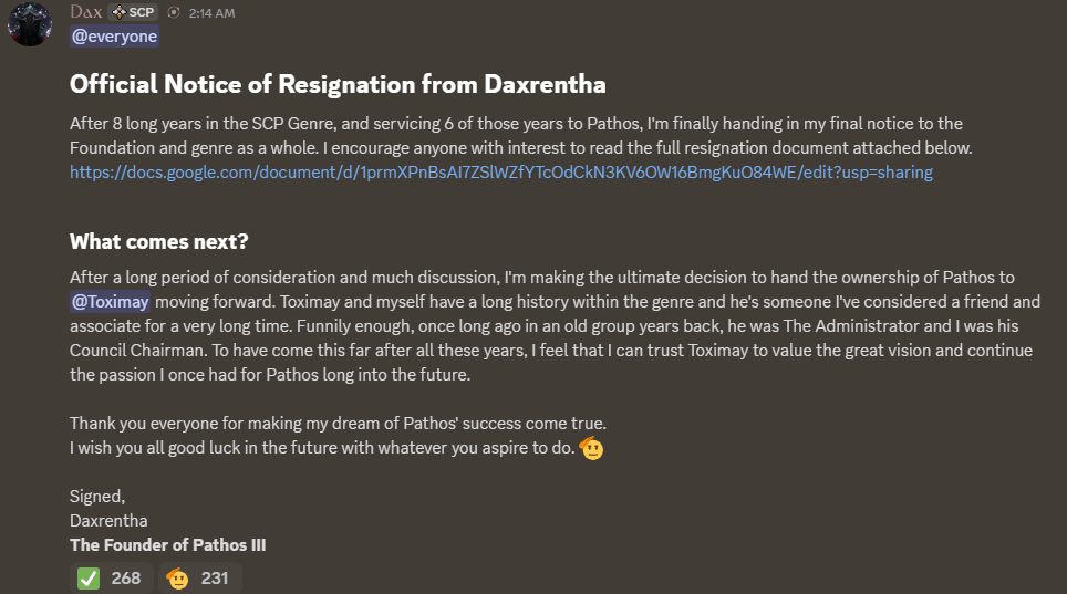 Daxrentha's resignation announcement